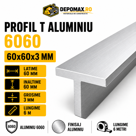 Profil T aluminiu 60 x 60 x 3 mm, 6 metri